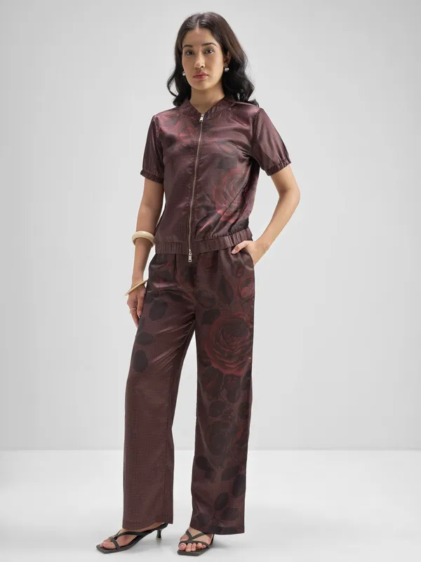 Tokyo Talkies Women Maroon Top Trouser Co-Ords