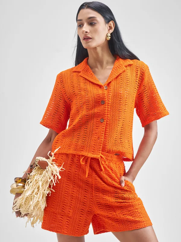 ESPYR By Tokyo Talkies Women Orange Shirt With Shorts Co-Ords