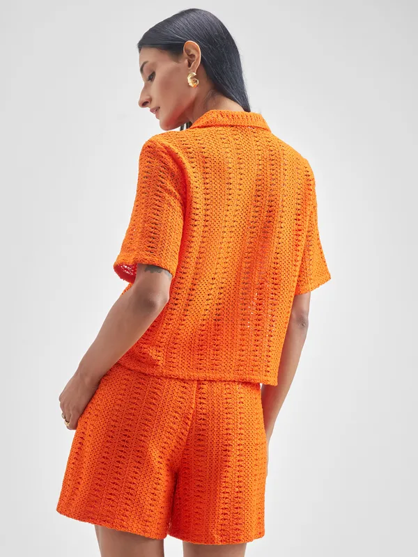 ESPYR By Tokyo Talkies Women Orange Shirt With Shorts Co-Ords