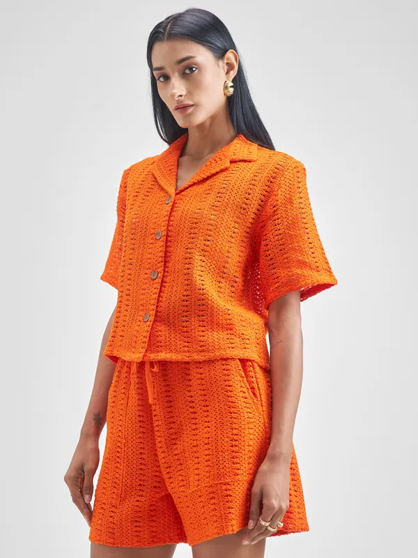 ESPYR By Tokyo Talkies Women Orange Shirt With Shorts Co-Ords