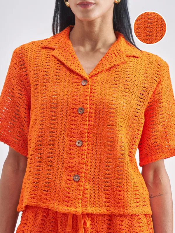 ESPYR By Tokyo Talkies Women Orange Shirt With Shorts Co-Ords