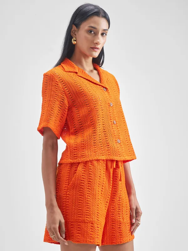 ESPYR By Tokyo Talkies Women Orange Shirt With Shorts Co-Ords