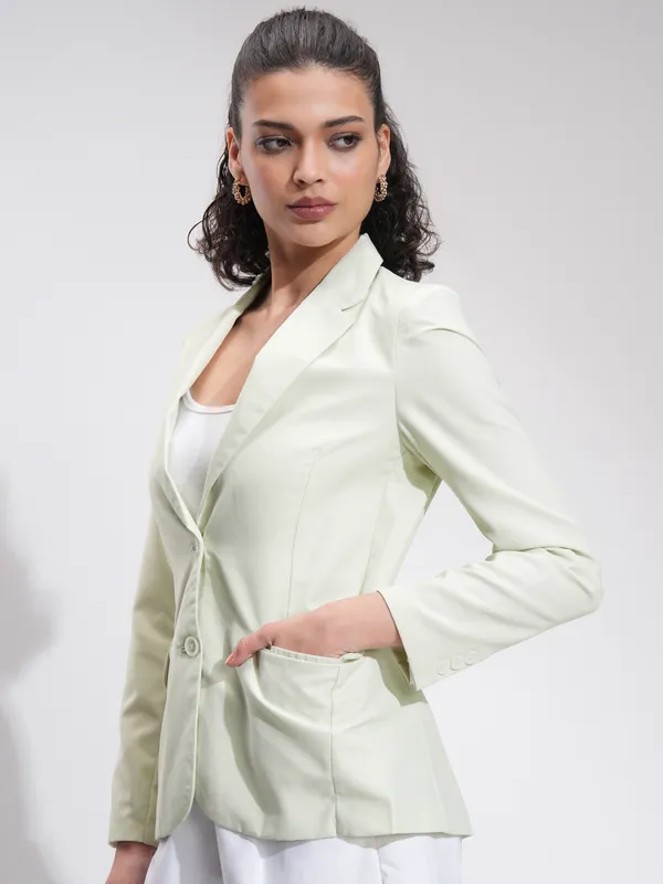 Tokyo Talkies Women Green Open Front Blazer