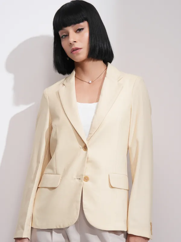 Tokyo Talkies Women Beige Double-Breasted Blazer