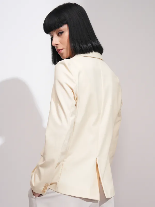 Tokyo Talkies Women Beige Double-Breasted Blazer
