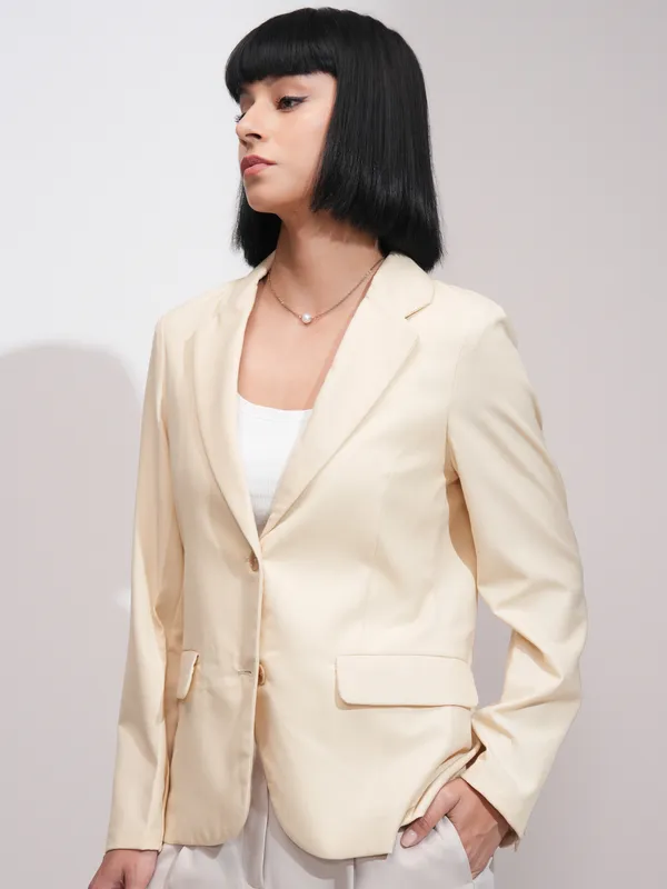 Tokyo Talkies Women Beige Double-Breasted Blazer