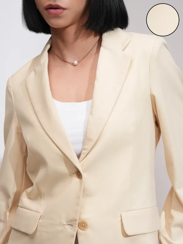 Tokyo Talkies Women Beige Double-Breasted Blazer
