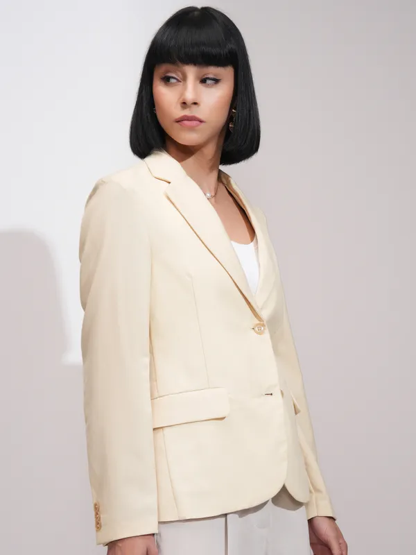 Tokyo Talkies Women Beige Double-Breasted Blazer