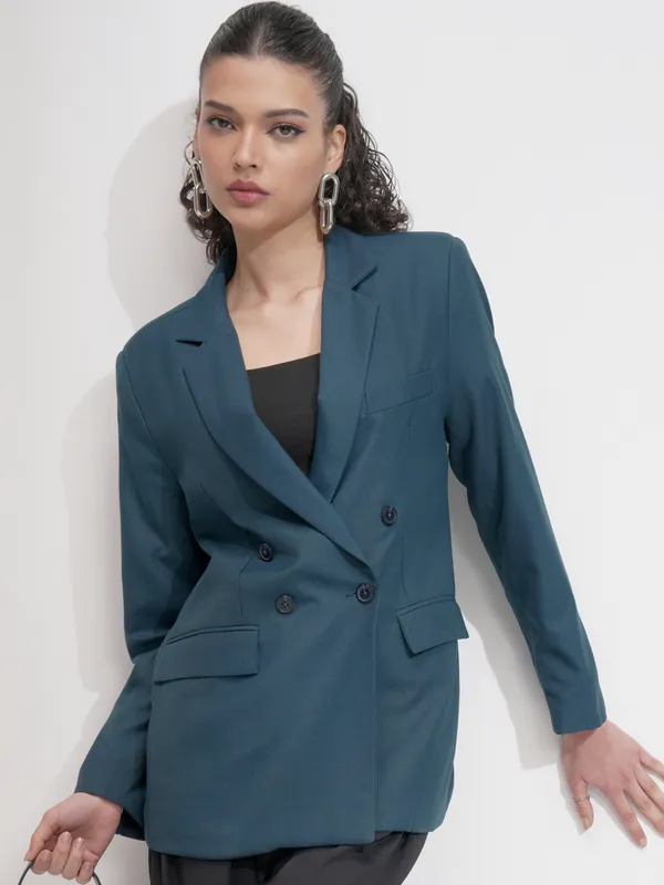 Tokyo Talkies Women Blue Double-Breasted Blazer