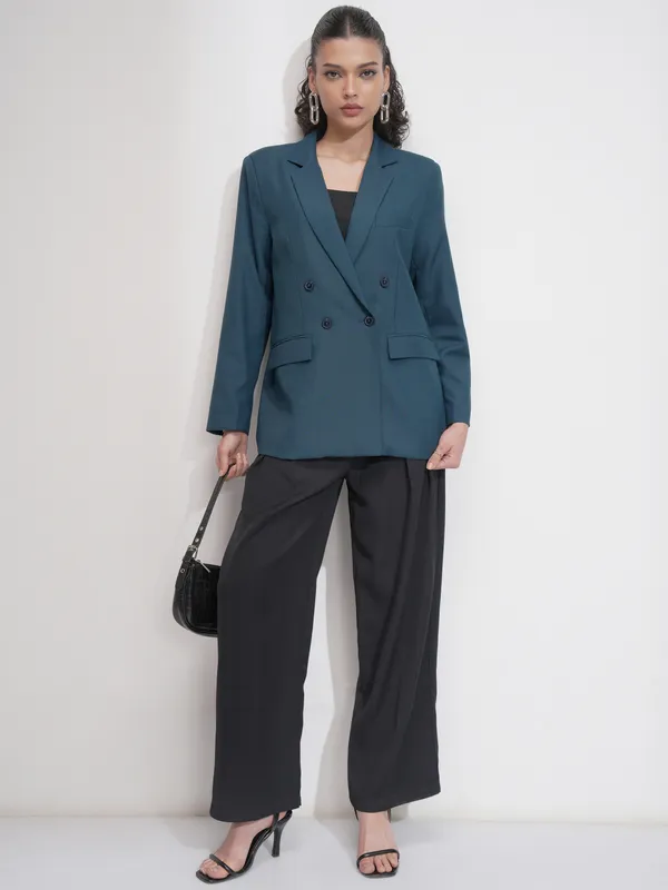 Tokyo Talkies Women Blue Double-Breasted Blazer