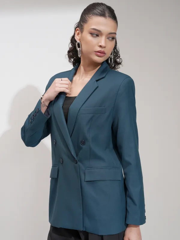 Tokyo Talkies Women Blue Double-Breasted Blazer