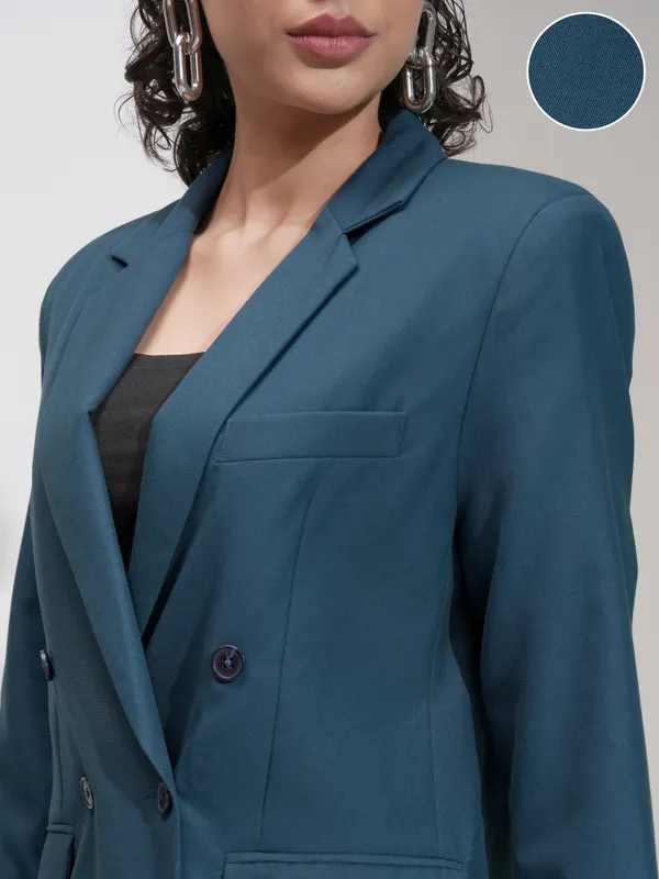 Tokyo Talkies Women Blue Double-Breasted Blazer