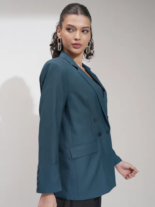 Tokyo Talkies Women Blue Double-Breasted Blazer