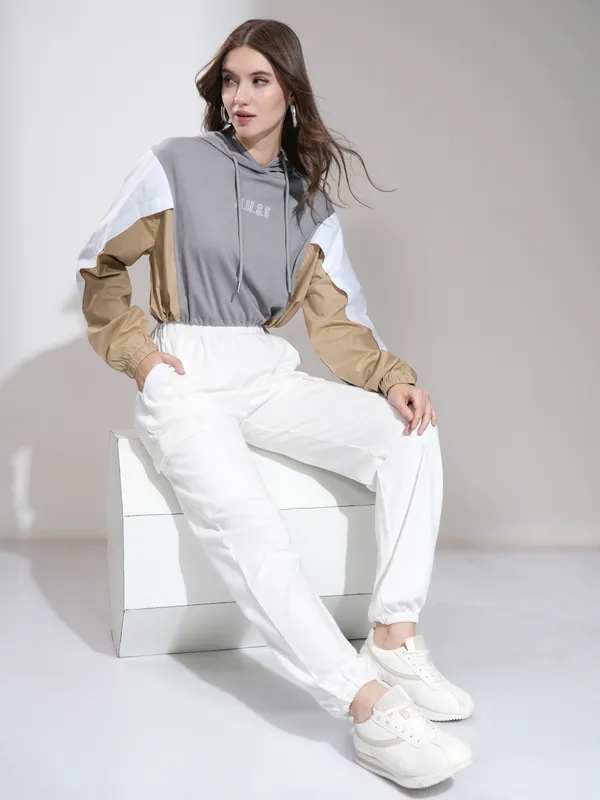 Tokyo Talkies Women Grey Printed Pullover Hood Sweatshirt