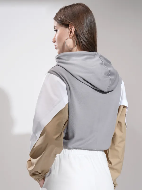 Tokyo Talkies Women Grey Printed Pullover Hood Sweatshirt