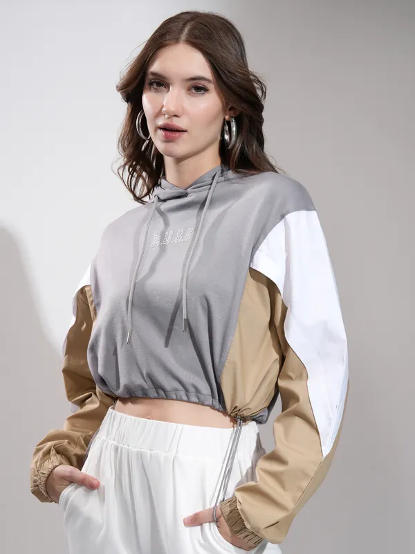 Tokyo Talkies Women Grey Printed Pullover Hood Sweatshirt