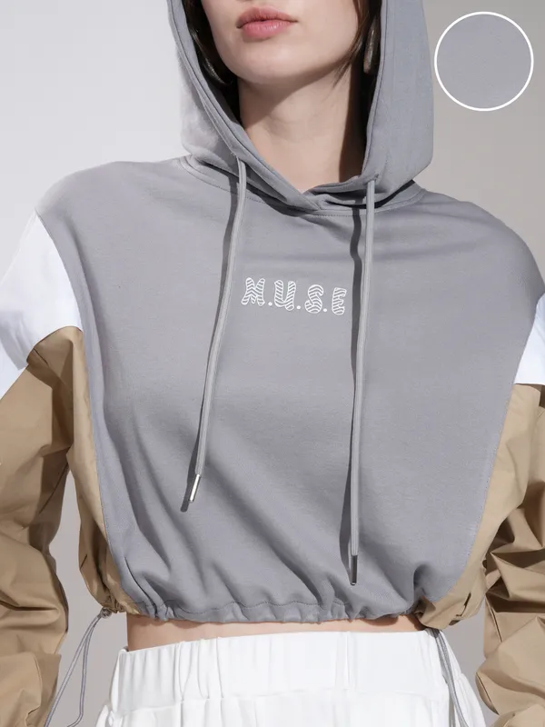 Tokyo Talkies Women Grey Printed Pullover Hood Sweatshirt