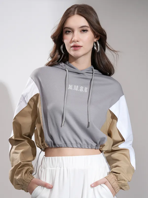 Tokyo Talkies Women Grey Printed Pullover Hood Sweatshirt