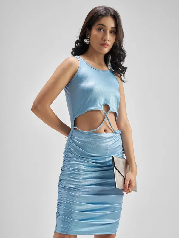ESPYR By Tokyo Talkies Women Blue Self Design Sheath Dress