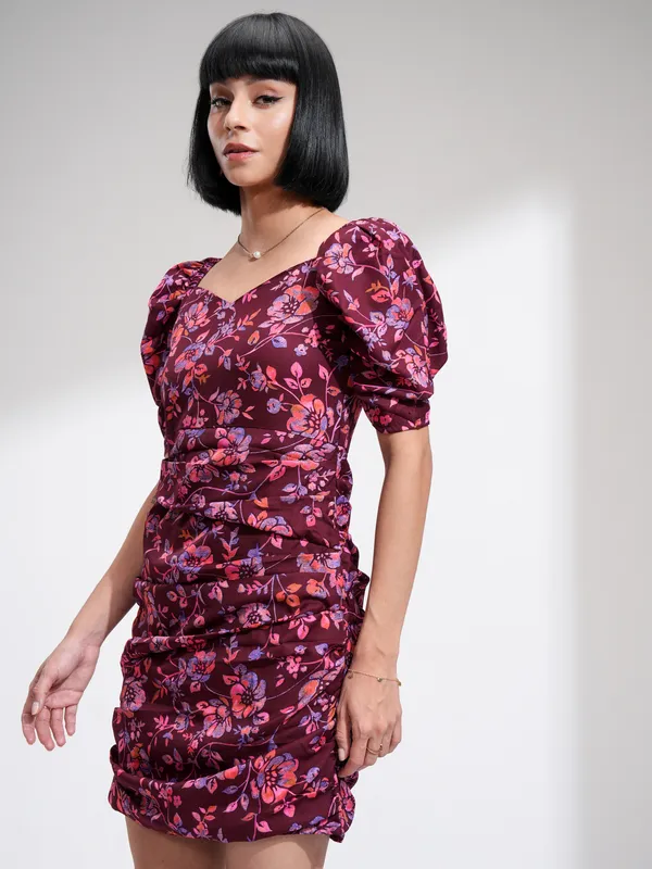 Tokyo Talkies Women Maroon Printed Fit and Flare Dress