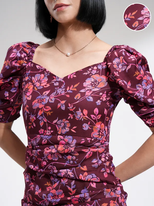 Tokyo Talkies Women Maroon Printed Fit and Flare Dress