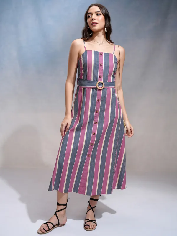 Tokyo Talkies Women Pink Striped Fit and Flare Dress
