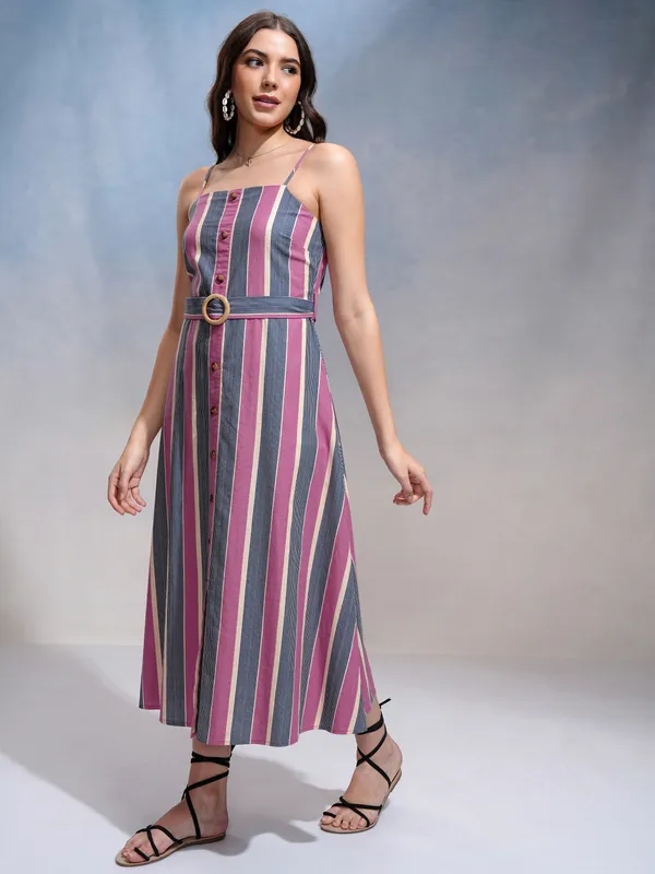Tokyo Talkies Women Pink Striped Fit and Flare Dress
