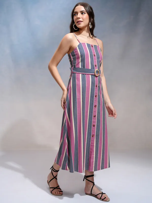 Tokyo Talkies Women Pink Striped Fit and Flare Dress