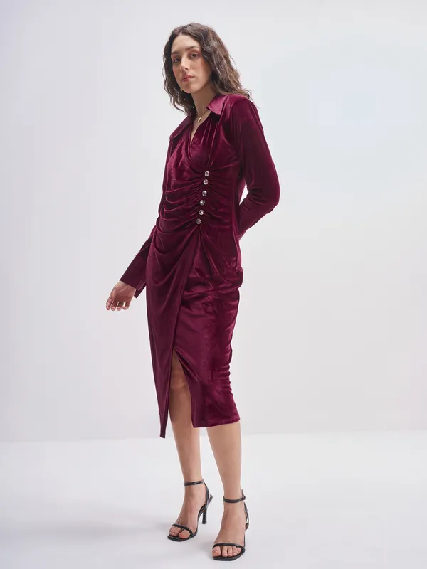 Tokyo Talkies Women Maroon Solid Shirt Dress