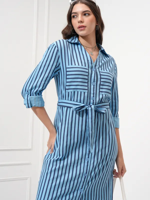 Tokyo Talkies Women Blue Striped Shirt Dress