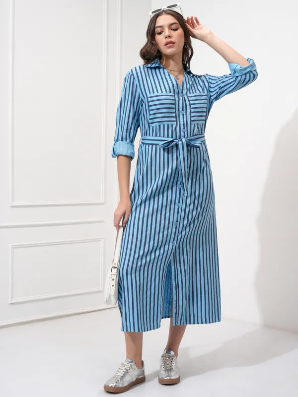 Tokyo Talkies Women Blue Striped Shirt Dress