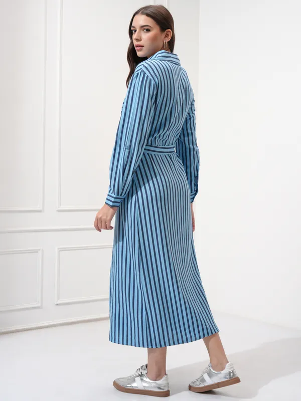 Tokyo Talkies Women Blue Striped Shirt Dress