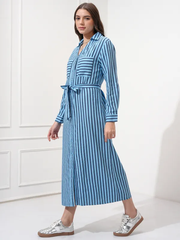 Tokyo Talkies Women Blue Striped Shirt Dress