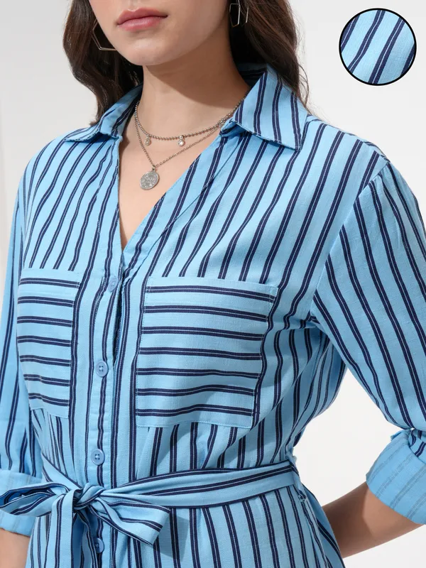 Tokyo Talkies Women Blue Striped Shirt Dress