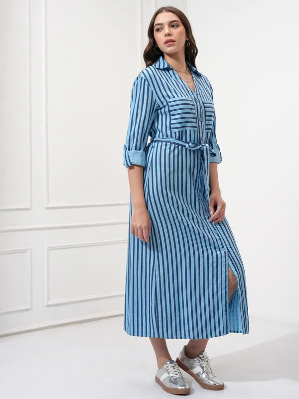 Tokyo Talkies Women Blue Striped Shirt Dress