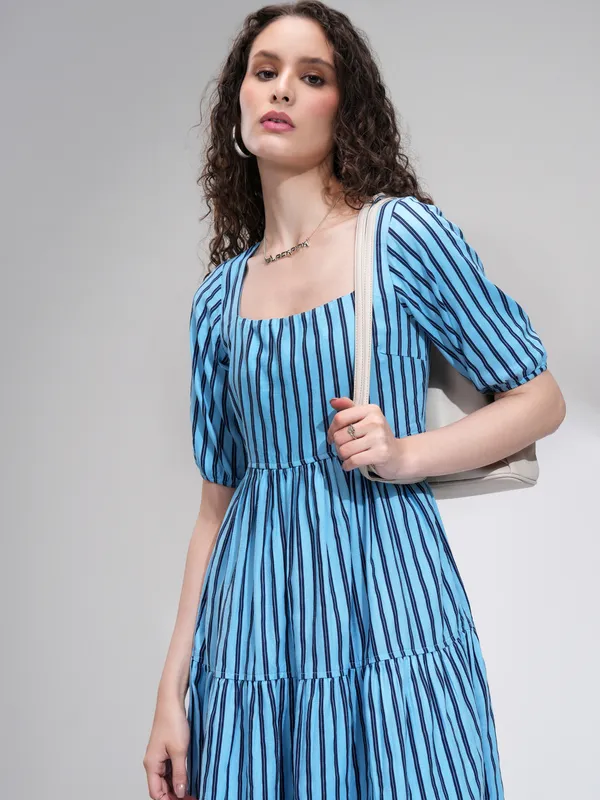 Tokyo Talkies Women Blue Striped Fit and Flare Dress