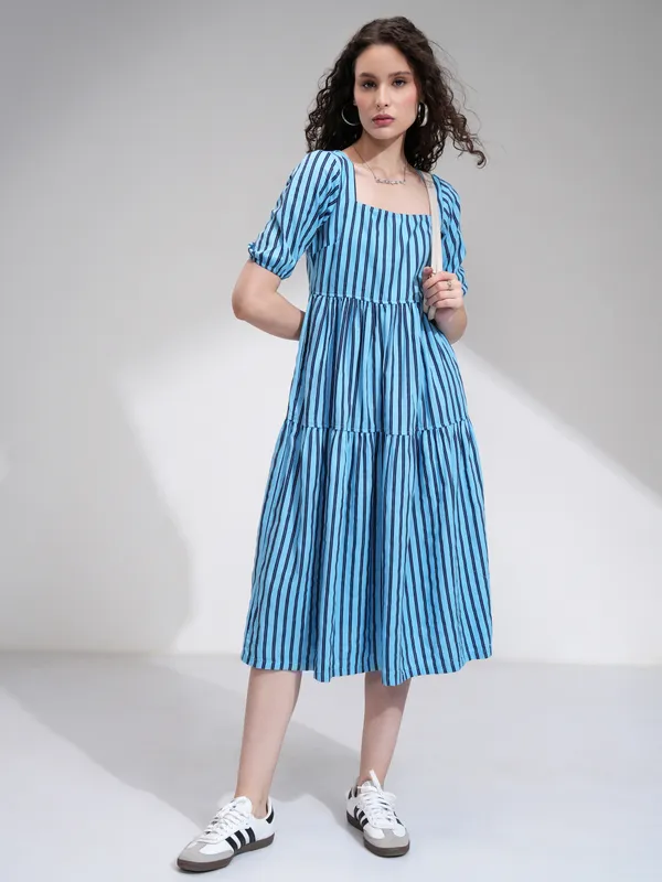 Tokyo Talkies Women Blue Striped Fit and Flare Dress
