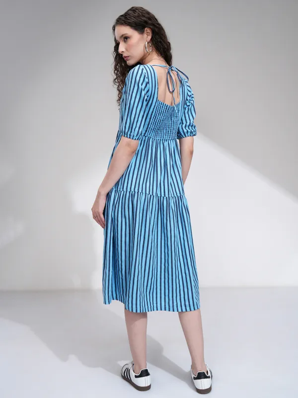 Tokyo Talkies Women Blue Striped Fit and Flare Dress