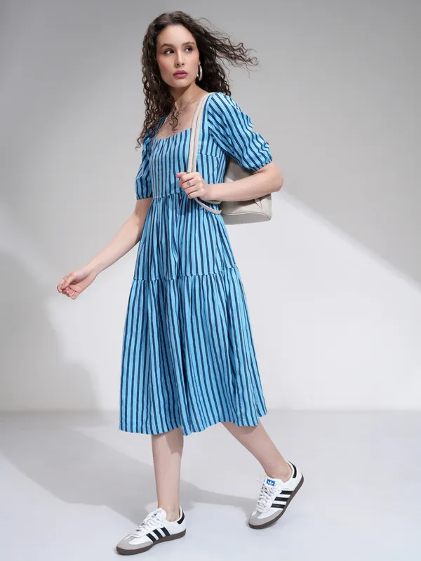 Tokyo Talkies Women Blue Striped Fit and Flare Dress