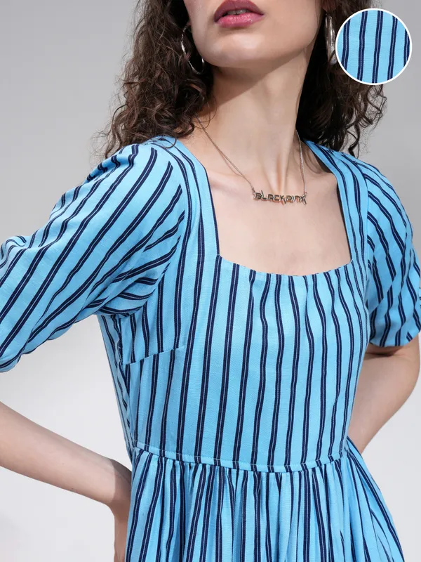 Tokyo Talkies Women Blue Striped Fit and Flare Dress