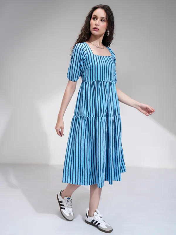 Tokyo Talkies Women Blue Striped Fit and Flare Dress