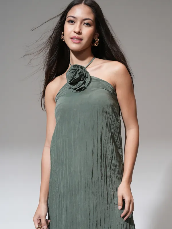 Tokyo Talkies Women Green Solid A-Line Dress