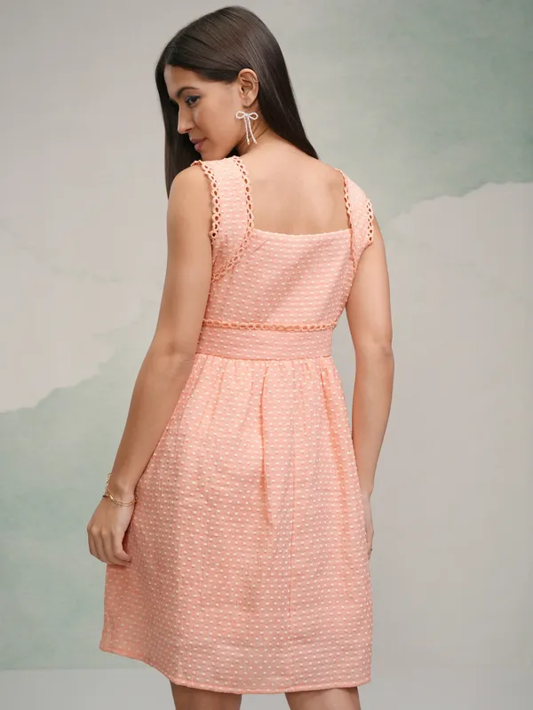 Tokyo Talkies Women Peach Self Design Fit and Flare Dress