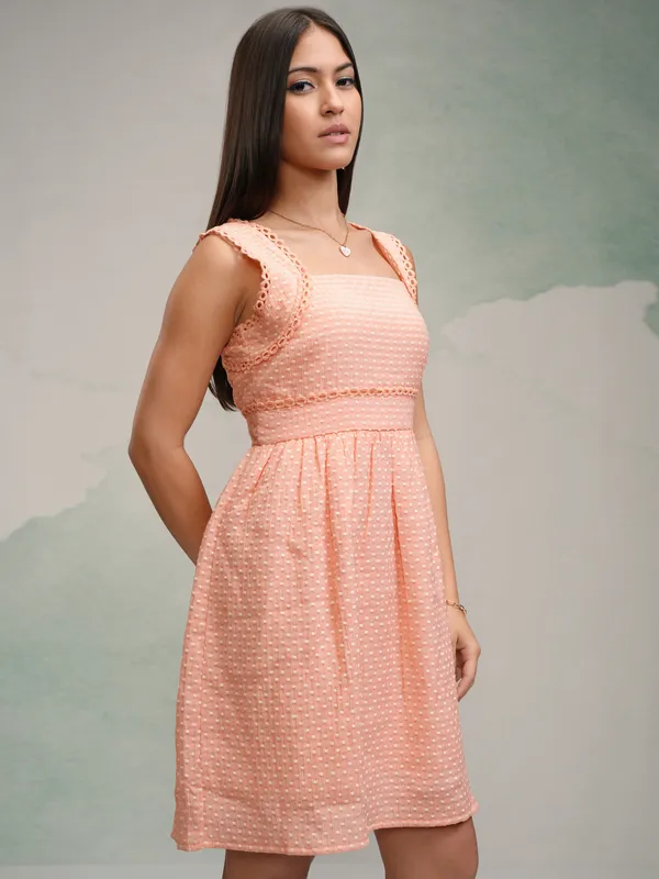 Tokyo Talkies Women Peach Self Design Fit and Flare Dress