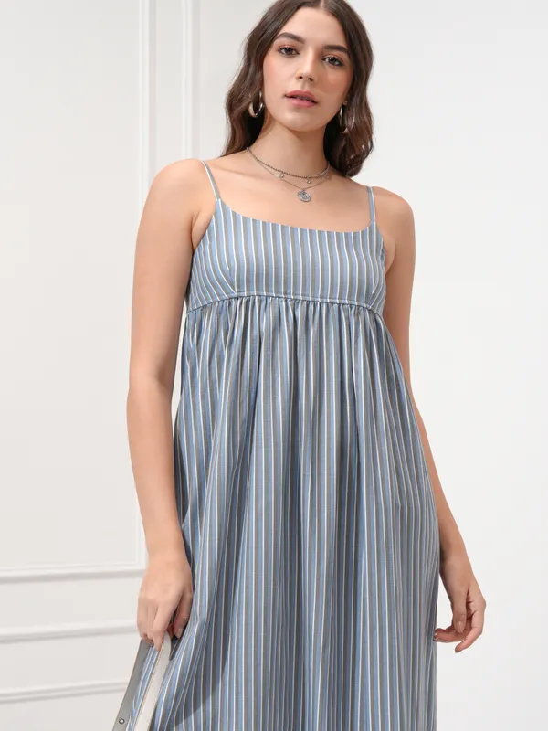 Tokyo Talkies Women Blue Striped Fit and Flare Dress