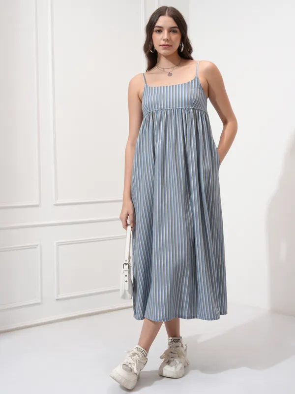 Tokyo Talkies Women Blue Striped Fit and Flare Dress