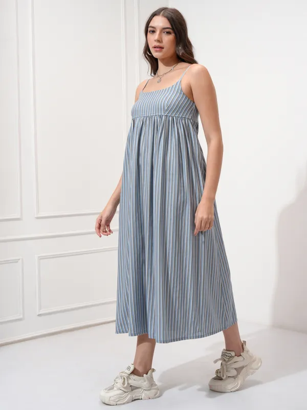 Tokyo Talkies Women Blue Striped Fit and Flare Dress