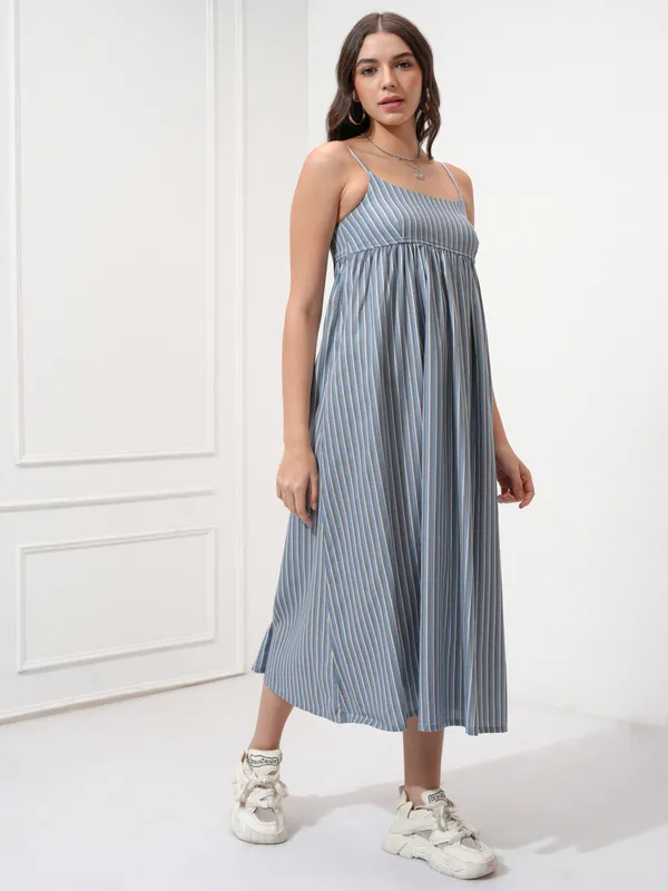 Tokyo Talkies Women Blue Striped Fit and Flare Dress