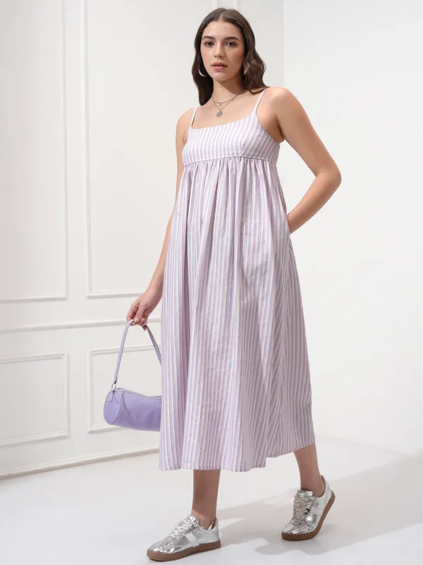 Tokyo Talkies Women Purple Striped Fit and Flare Dress