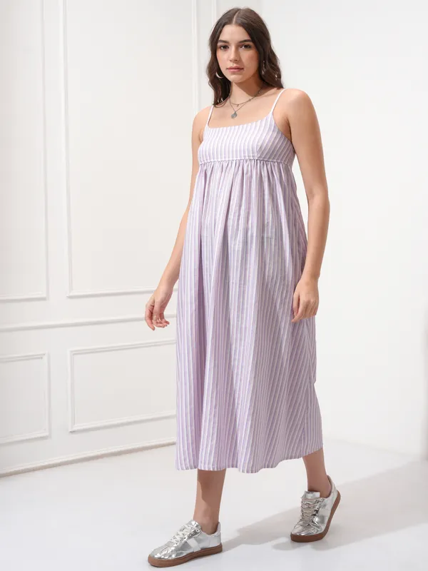 Tokyo Talkies Women Purple Striped Fit and Flare Dress